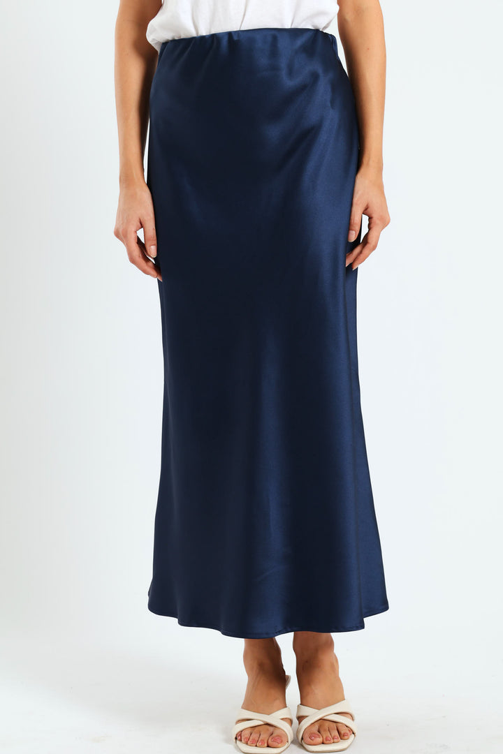 Satin Midi Slip Skirt - Navy