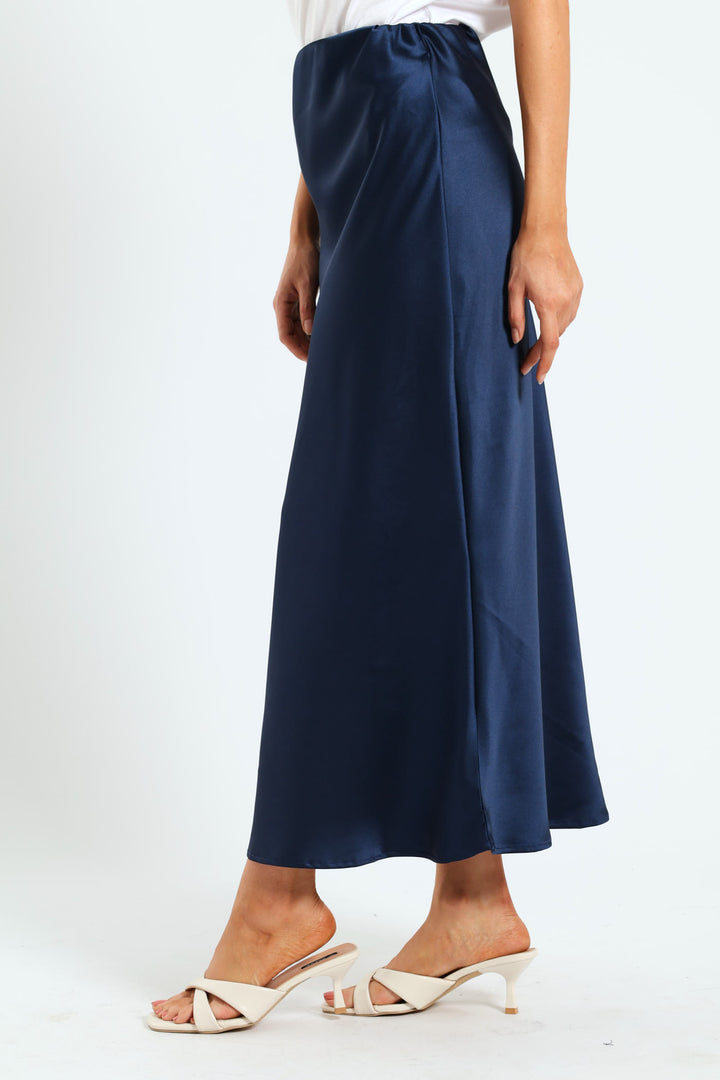 Satin Midi Slip Skirt - Navy