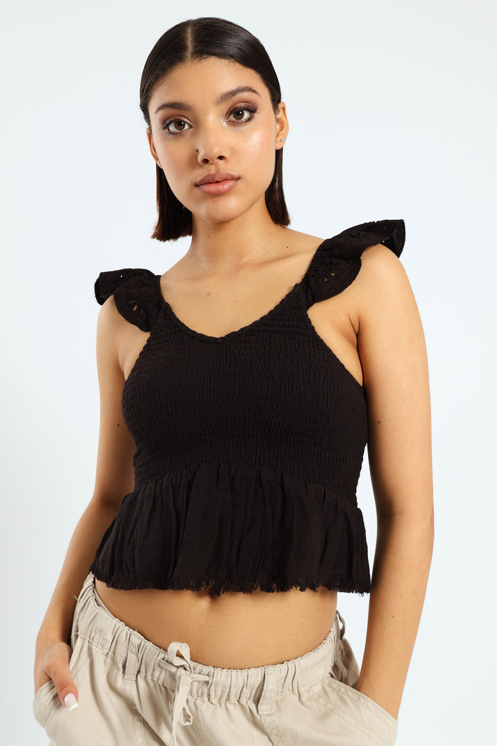 Embroidered Cap Gause Top - Black