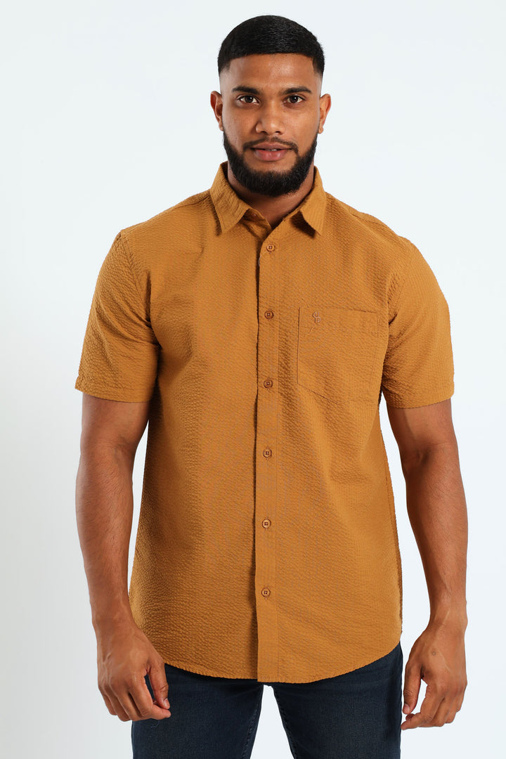 Short Sleeve Seersucker Shirt - Camel