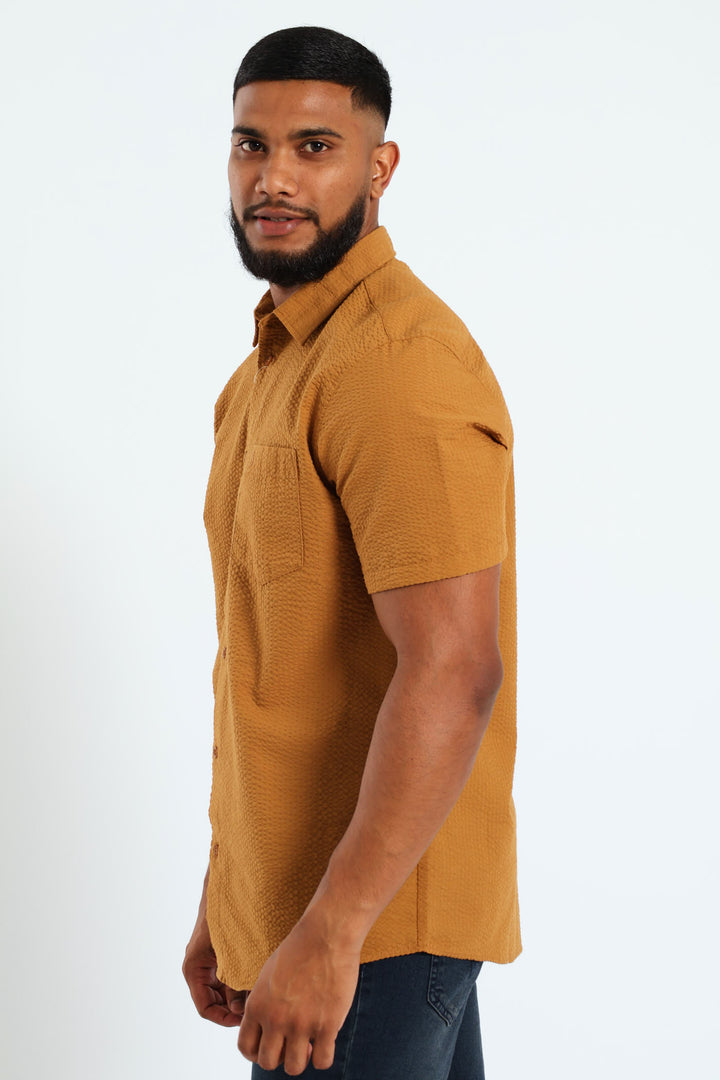 Short Sleeve Seersucker Shirt - Camel