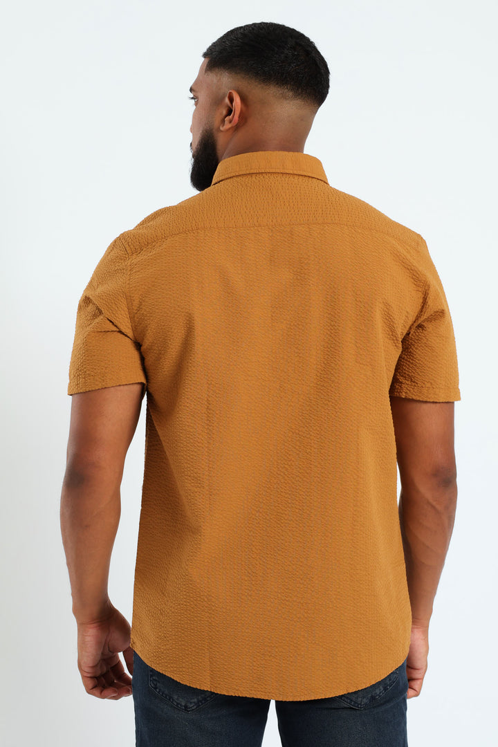 Short Sleeve Seersucker Shirt - Camel