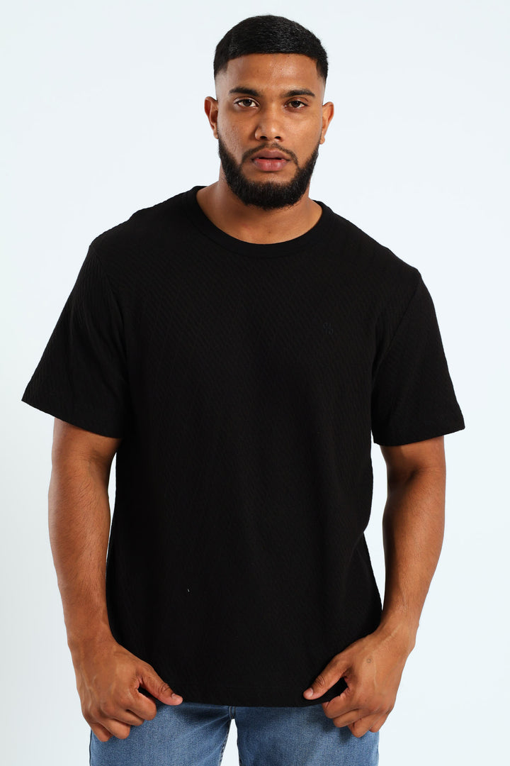 Angle Stripe Pointelle Knit Crew T-Shirt - Black