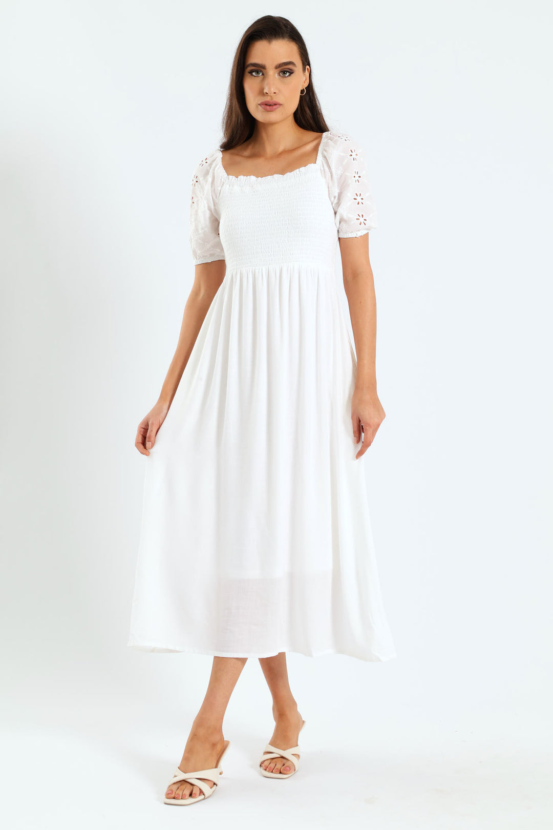 Anglaise Puff Sleeve Shirred Linen Midi Dress - White