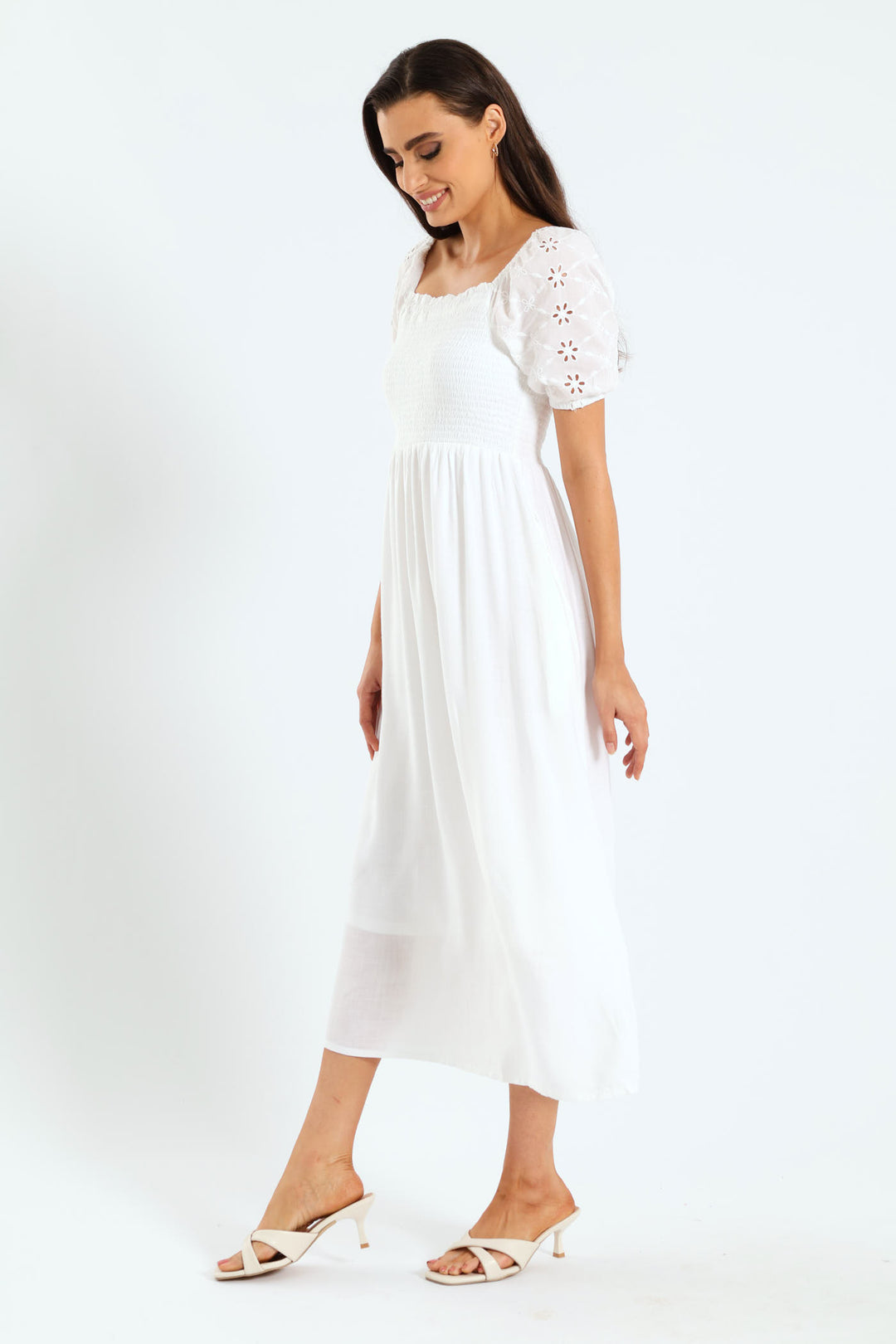 Anglaise Puff Sleeve Shirred Linen Midi Dress - White