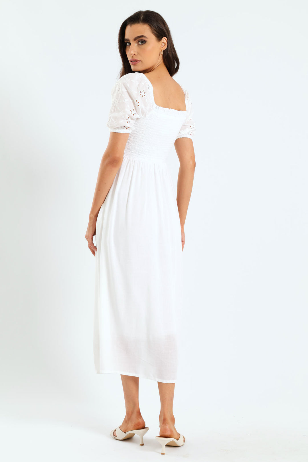 Anglaise Puff Sleeve Shirred Linen Midi Dress - White