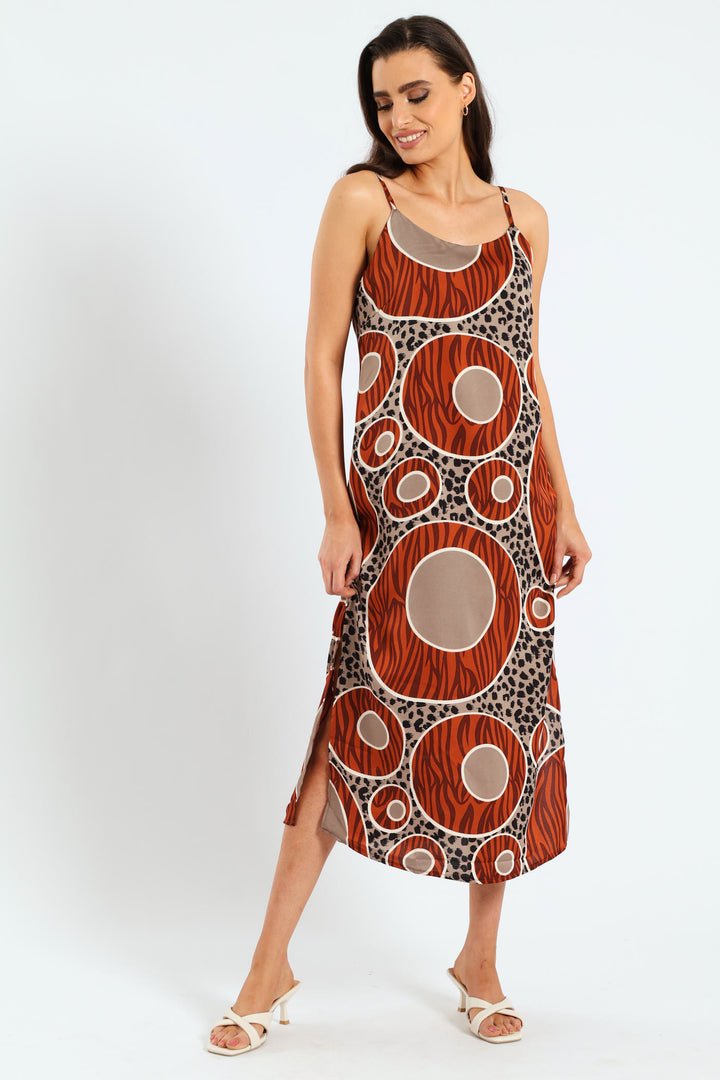 Strappy Circle Print Side Slit Midaxi Dress - Brown