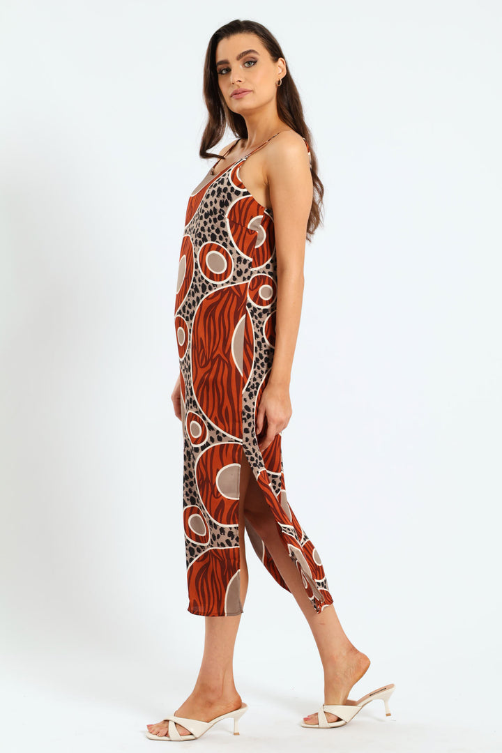 Strappy Circle Print Side Slit Midaxi Dress - Brown