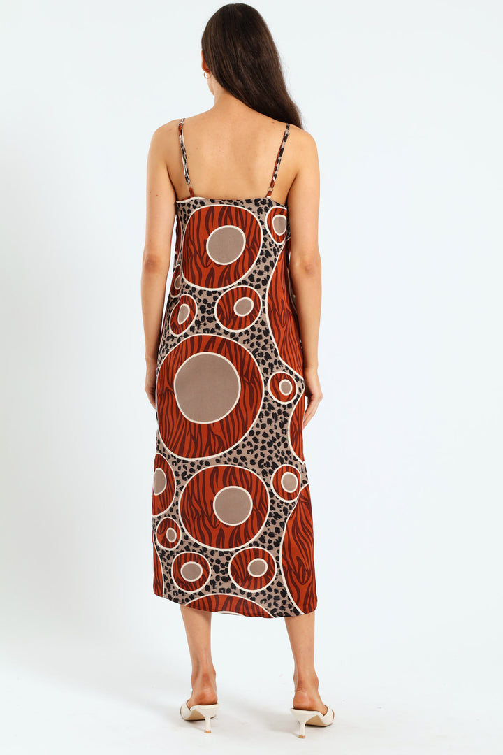 Strappy Circle Print Side Slit Midaxi Dress - Brown