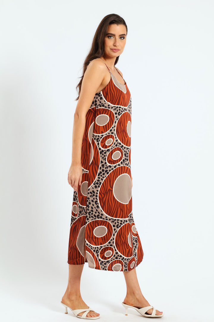 Strappy Circle Print Side Slit Midaxi Dress - Brown