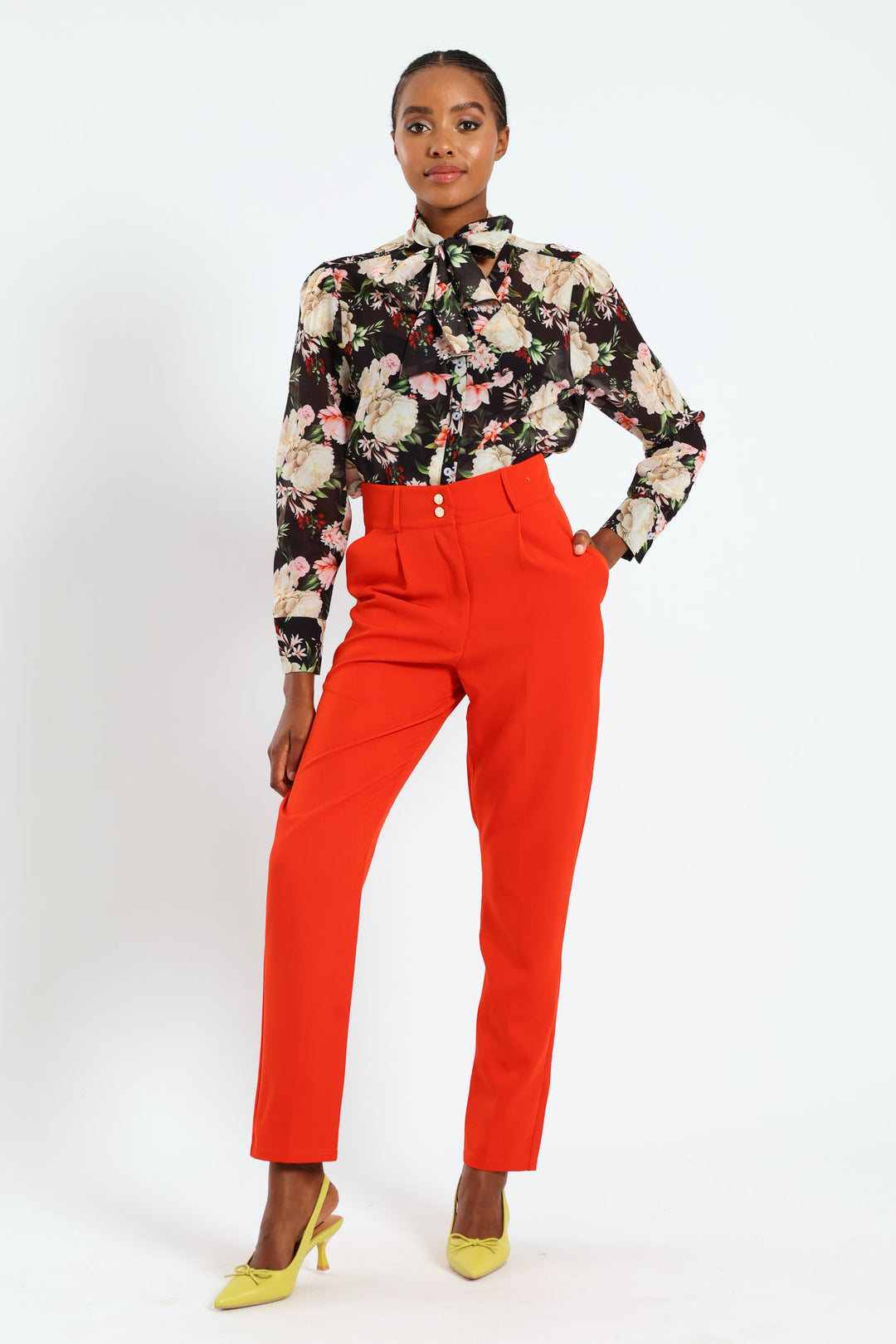 Double Button Slim Leg Pants - Red