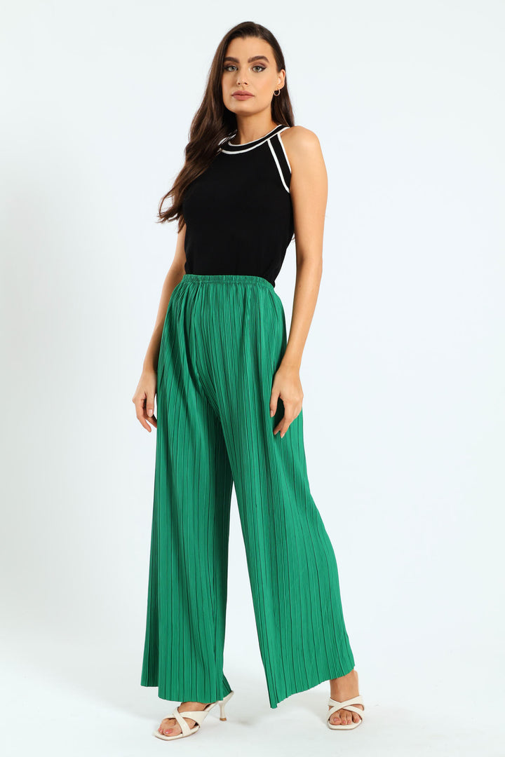 Plisse Wideleg Pants - Emerald