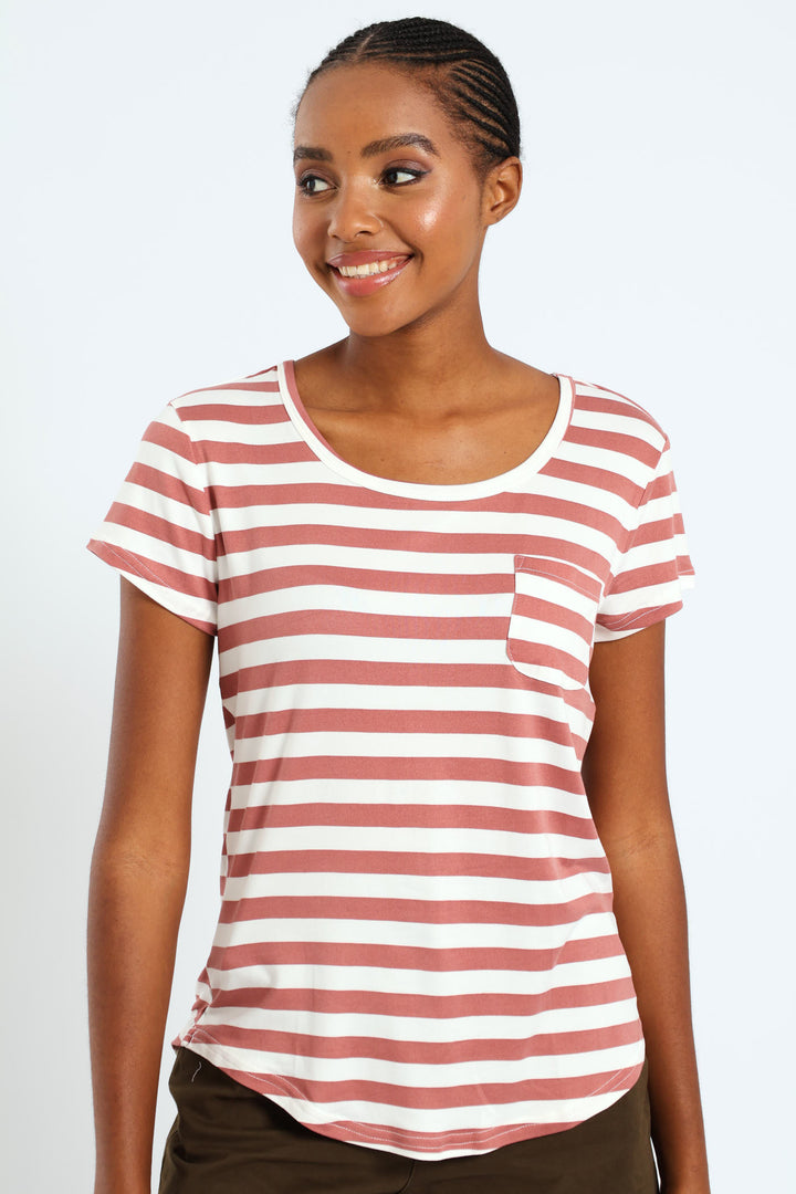 Stripe Pocket Tee - Deep Rose