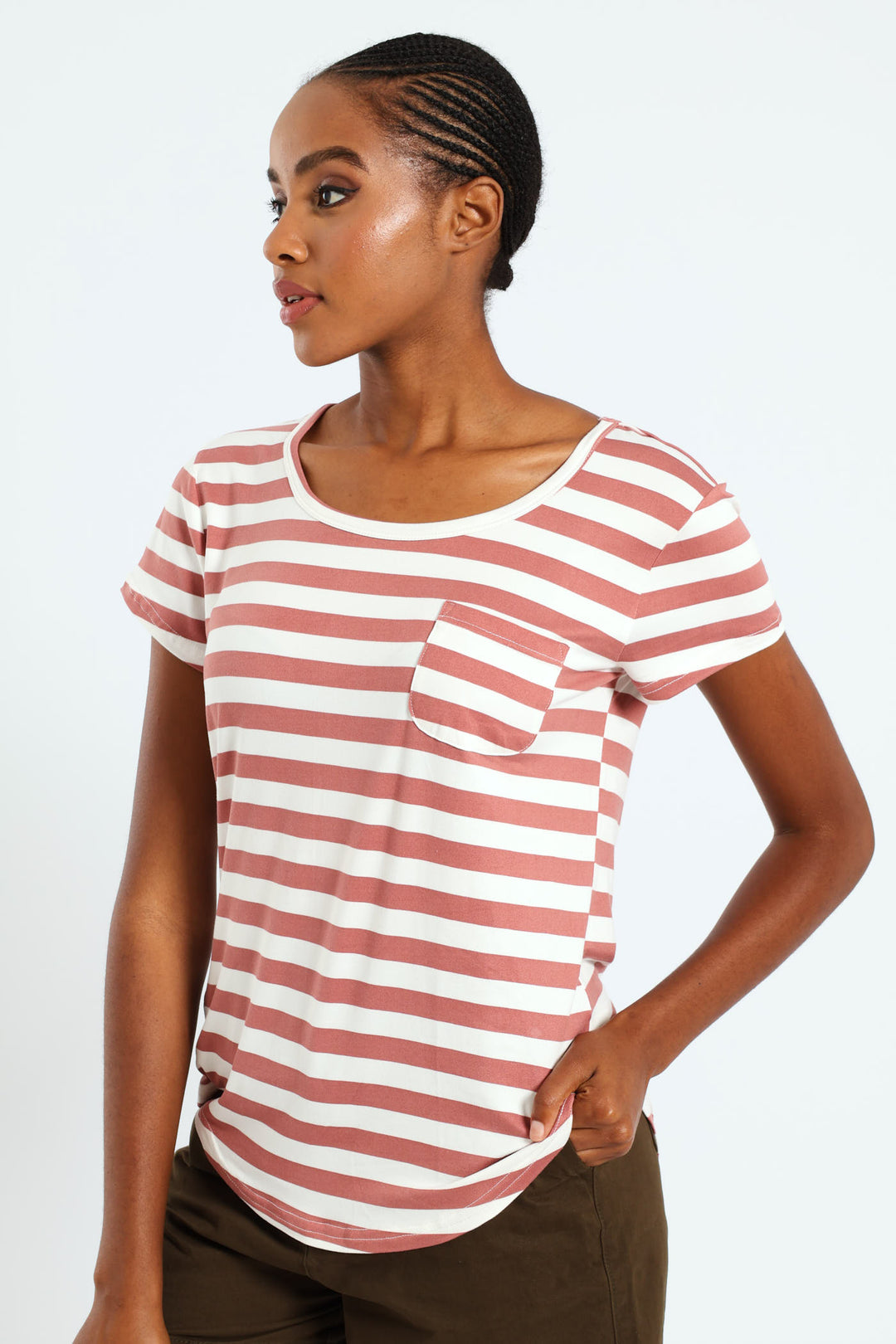 Stripe Pocket Tee - Deep Rose