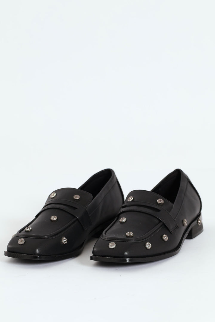 Studded Square Toe Loafer - Black