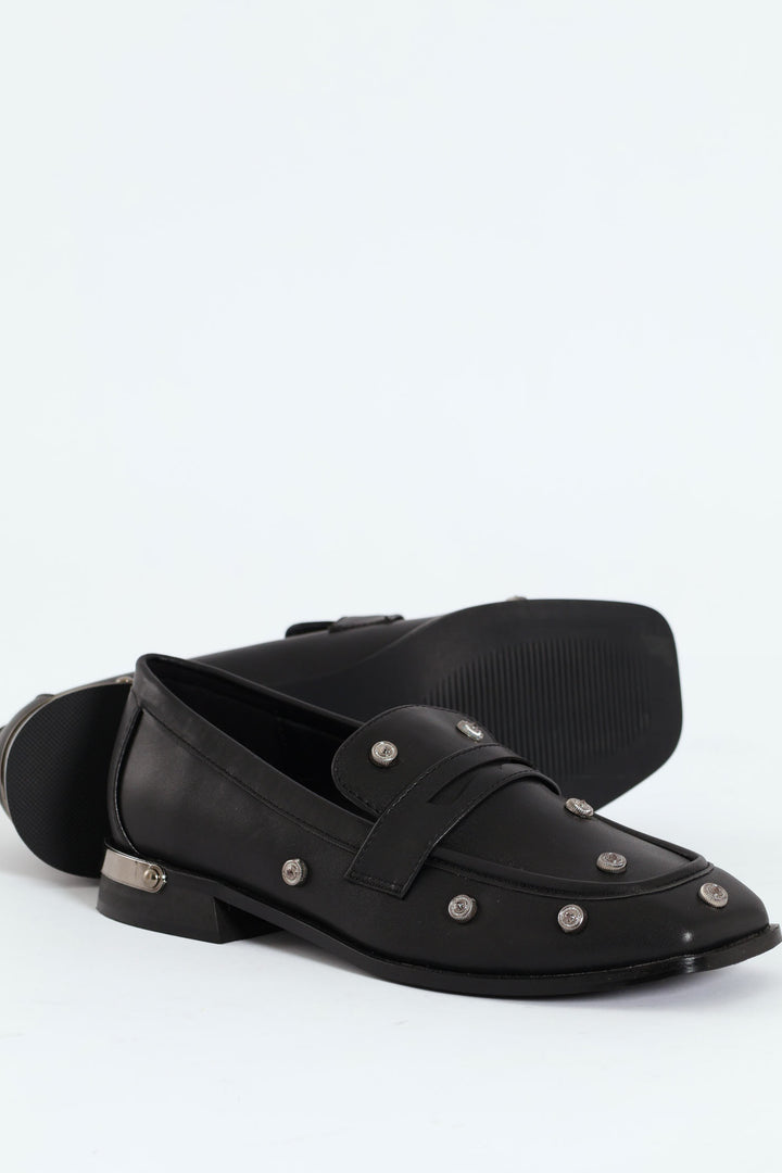 Studded Square Toe Loafer - Black