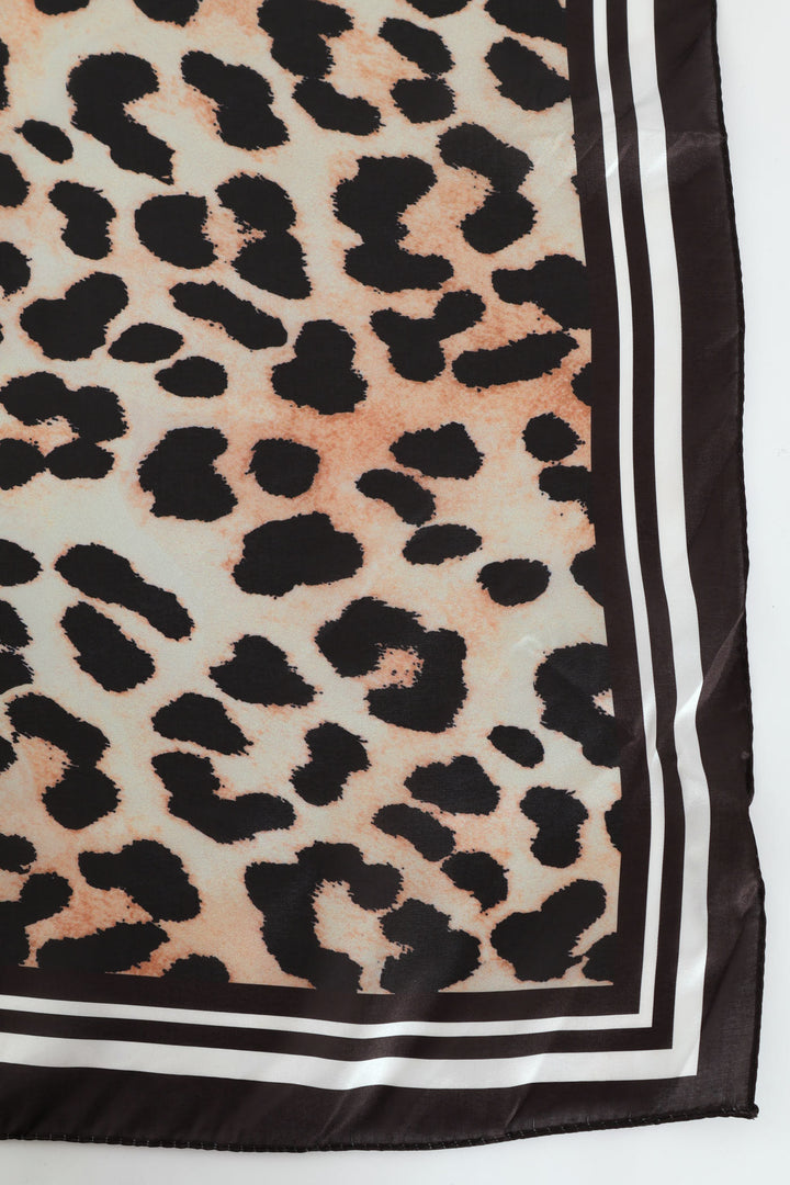 Leopard Boarder Print Satin Feel Scarf - Brown