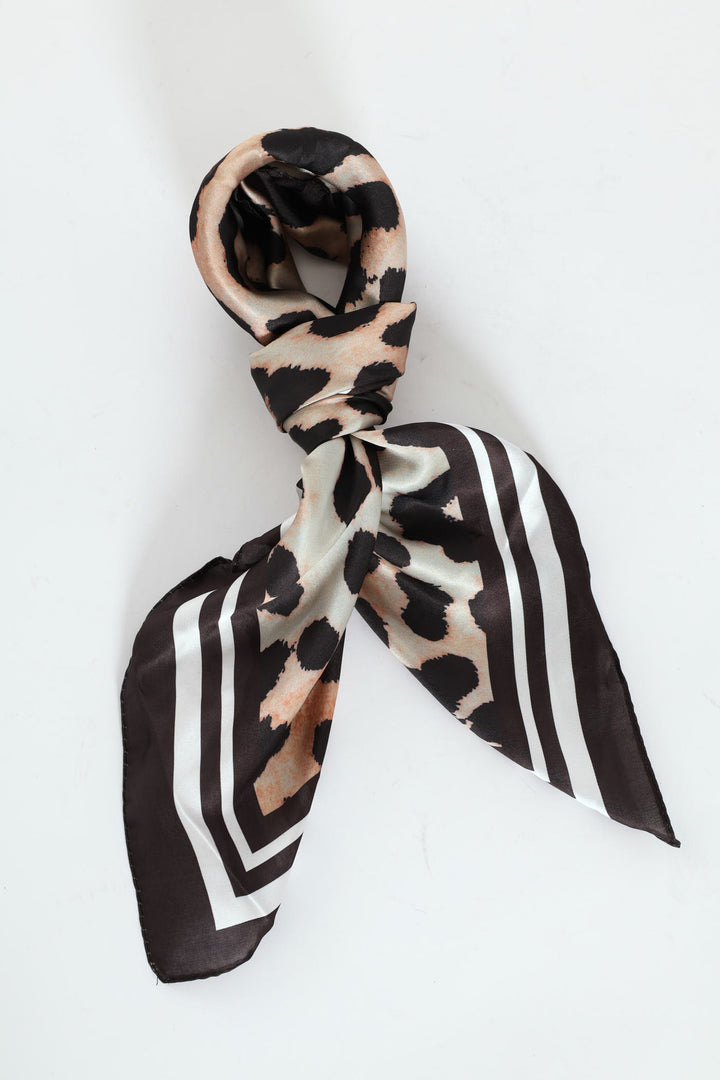 Leopard Boarder Print Satin Feel Scarf - Brown