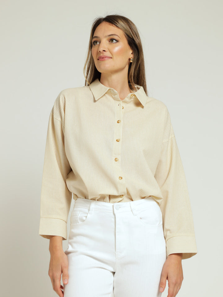 LONG SLEEVE RELAXED STRIPE LINEN SHIRT - WHITE/BEIGE