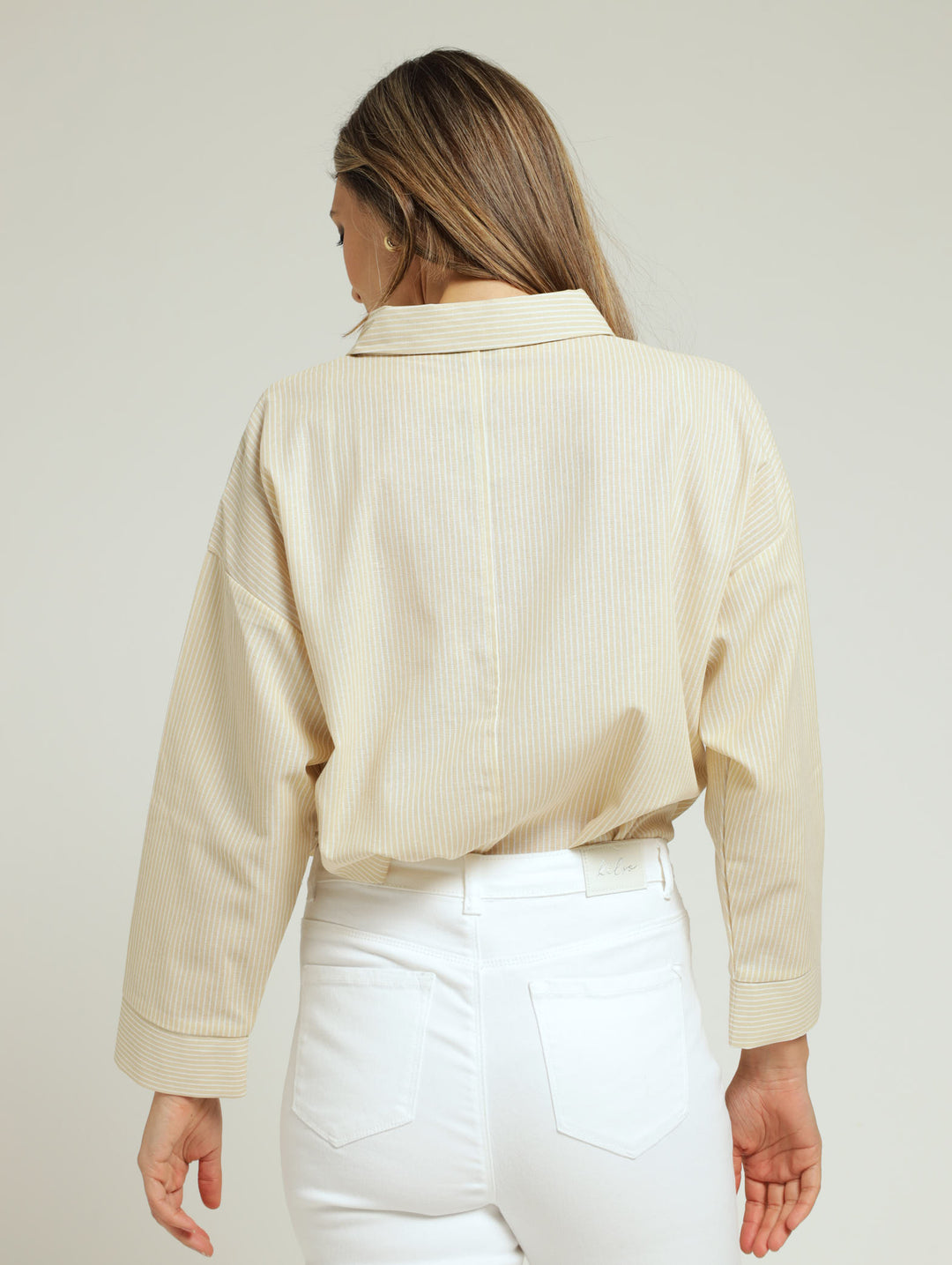 LONG SLEEVE RELAXED STRIPE LINEN SHIRT - WHITE/BEIGE