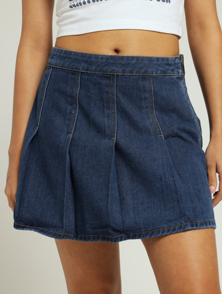 Denim Pleated Skirt - Mid Blue