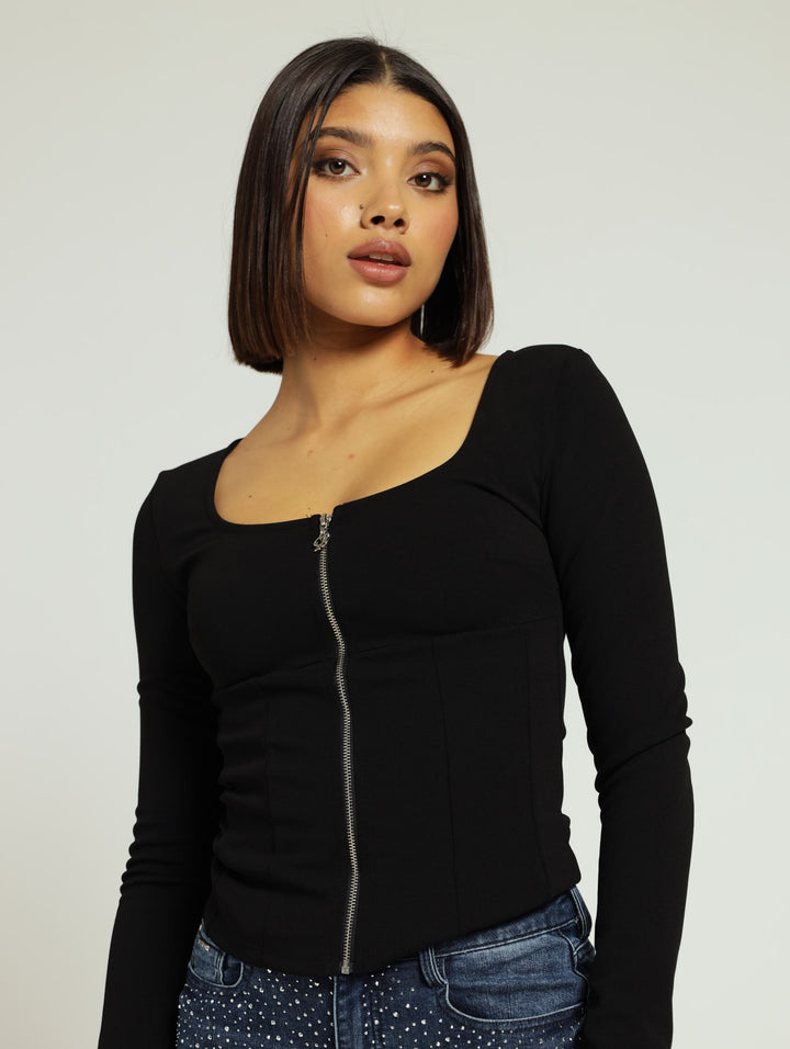 Zip Through Top With Panel Detailing - Black