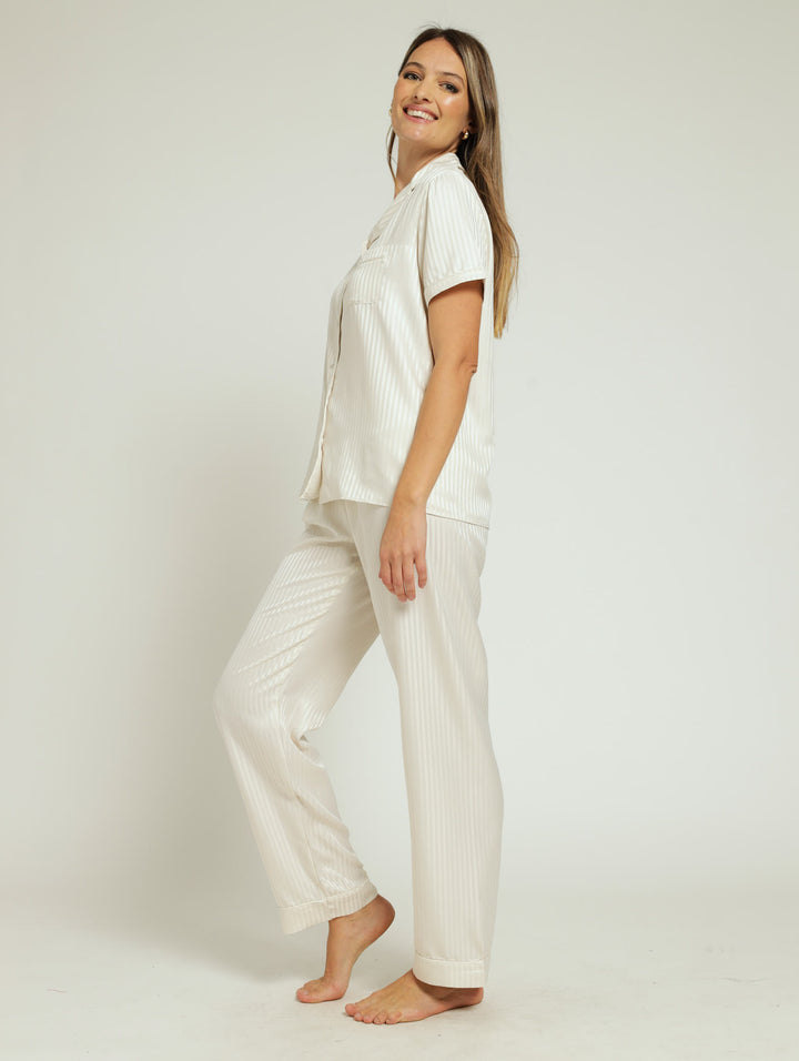 Satin Shadow Stripe Button Through & Pant - Cream