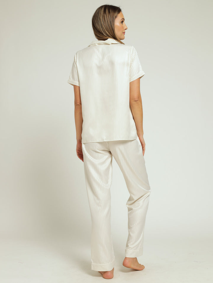 Satin Shadow Stripe Button Through & Pant - Cream