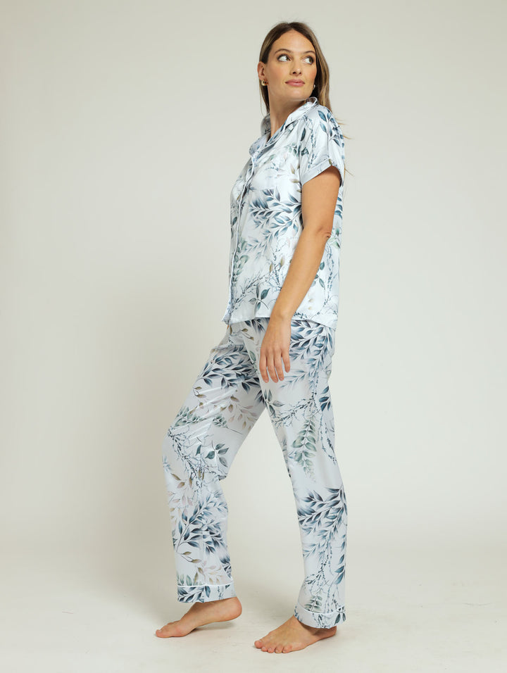 Satin Leaves Button Through & Pant Set - Light Blue