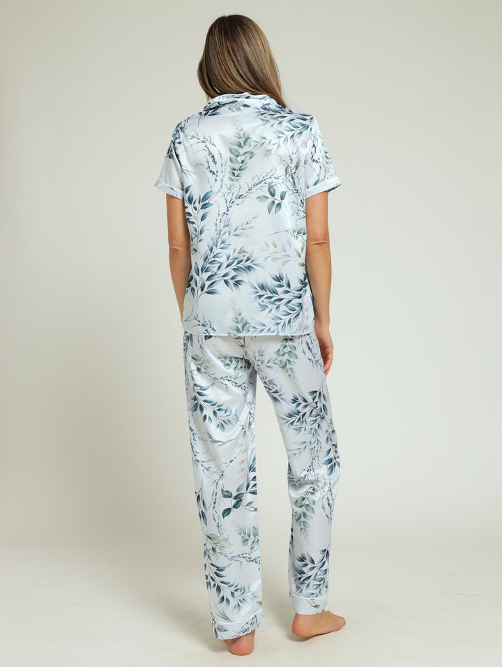 Satin Leaves Button Through & Pant Set - Light Blue