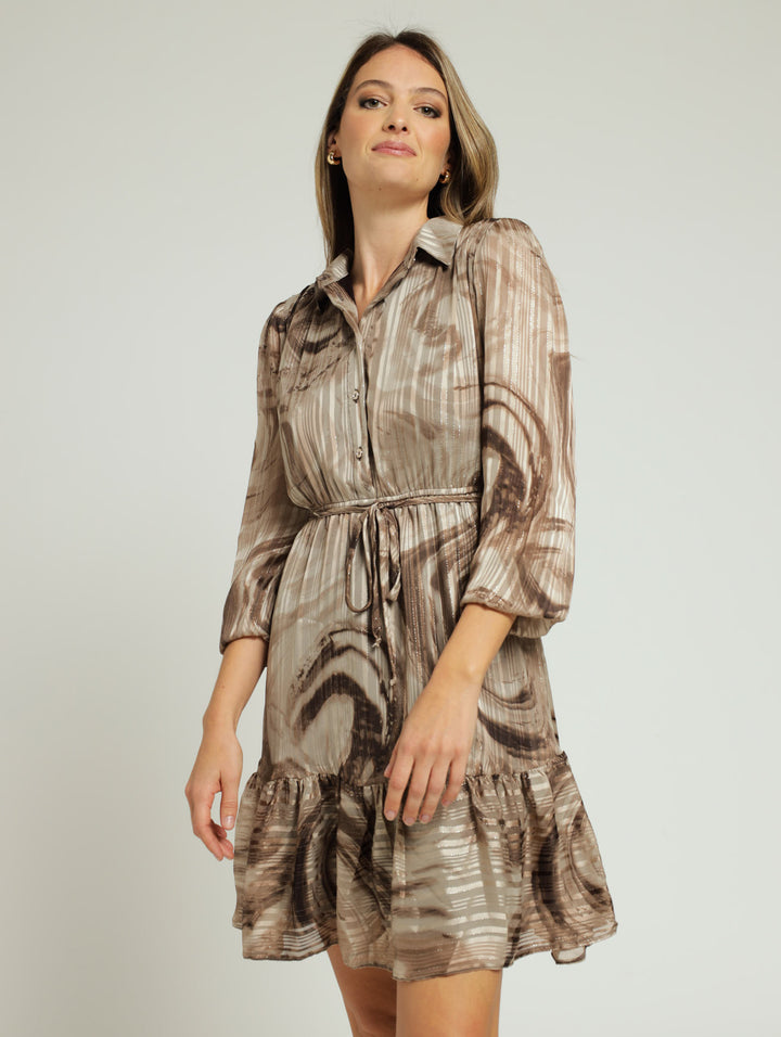 Button Through Tiered Frill Hem Tea Dress -Brown