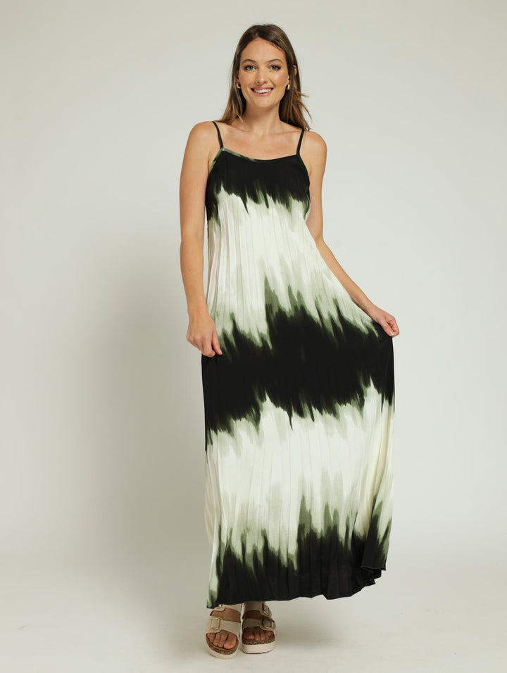 Strappy Tie Dye Pleated Maxi Dress - Dark Green