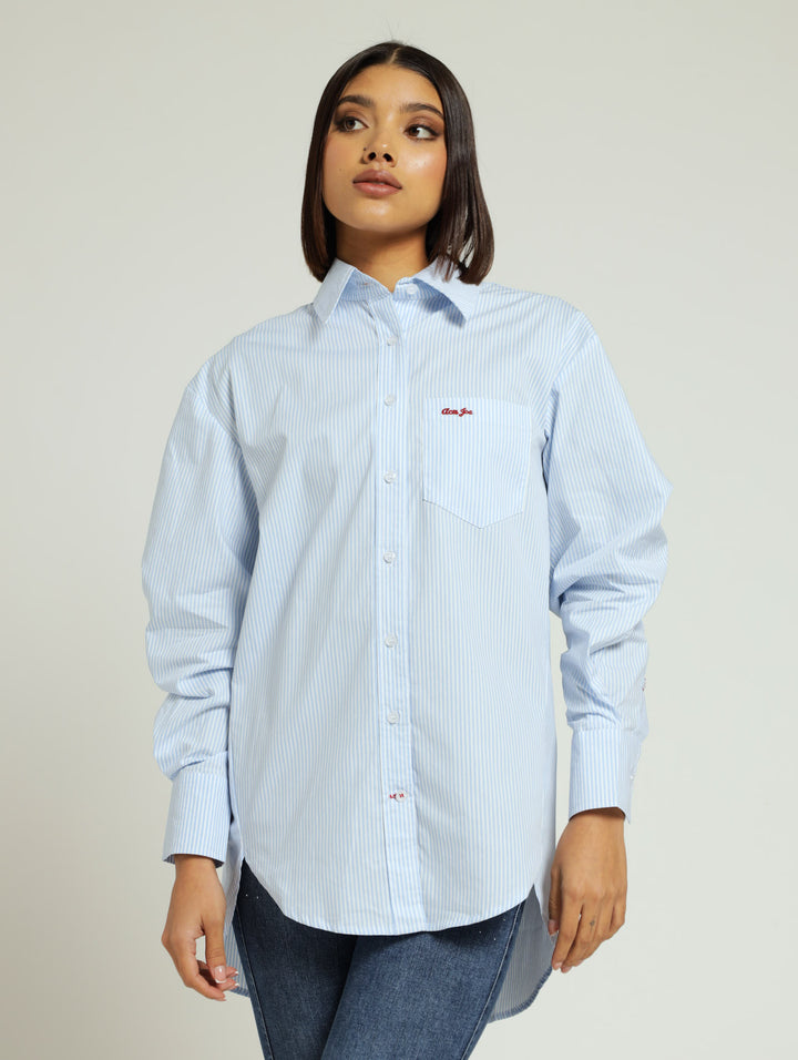 Long Sleeve Stripe Boyfriend Shirt - Sky