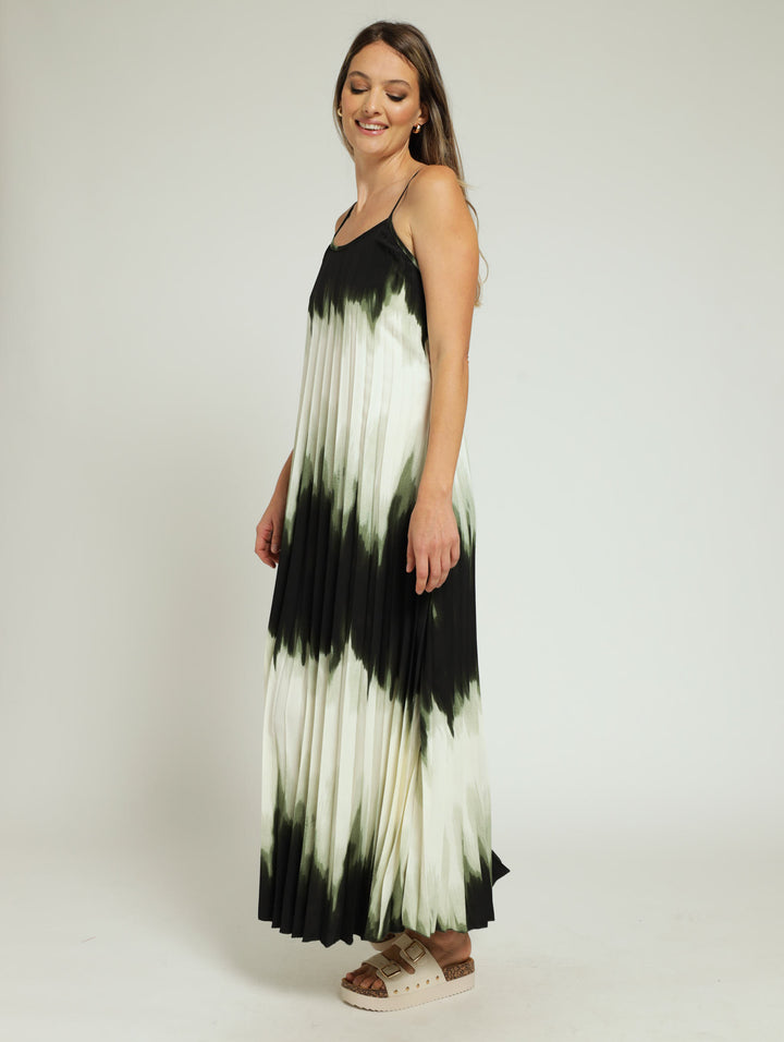 Strappy Tie Dye Pleated Maxi Dress - Dark Green