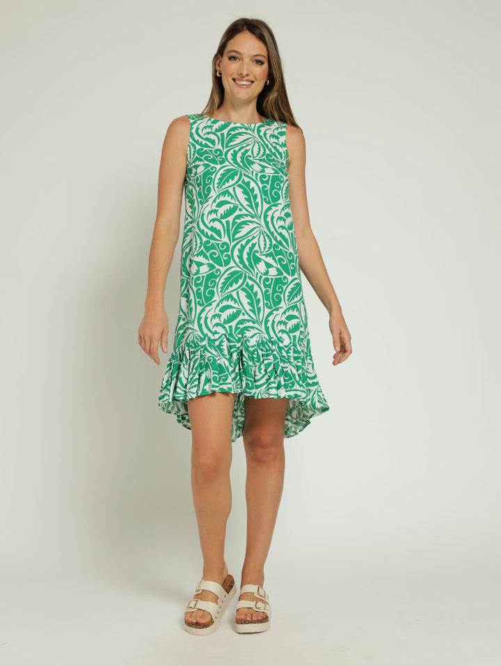 Frill Hem Hi-Lo Shift Dress - White/Green