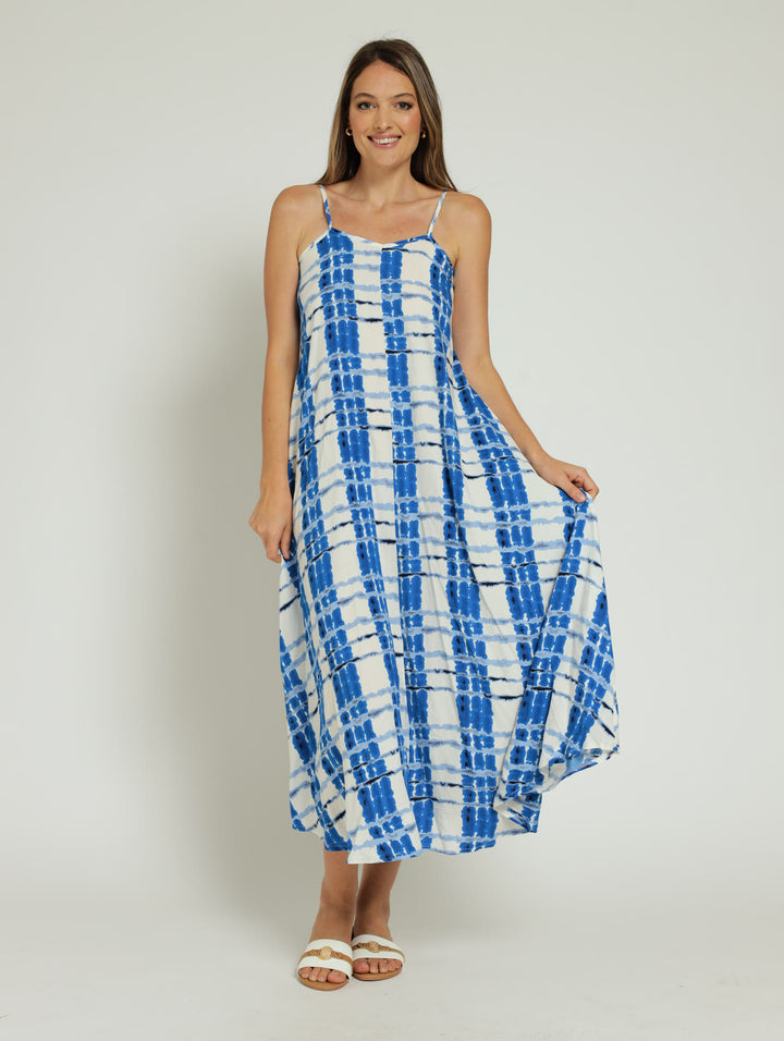 Strappy Slip Tie-Dye Check Maxi Dress - White/Blue