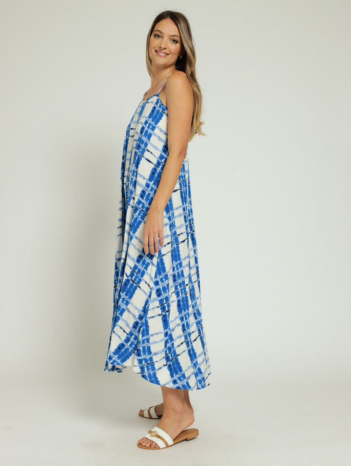 Strappy Slip Tie-Dye Check Maxi Dress - White/Blue