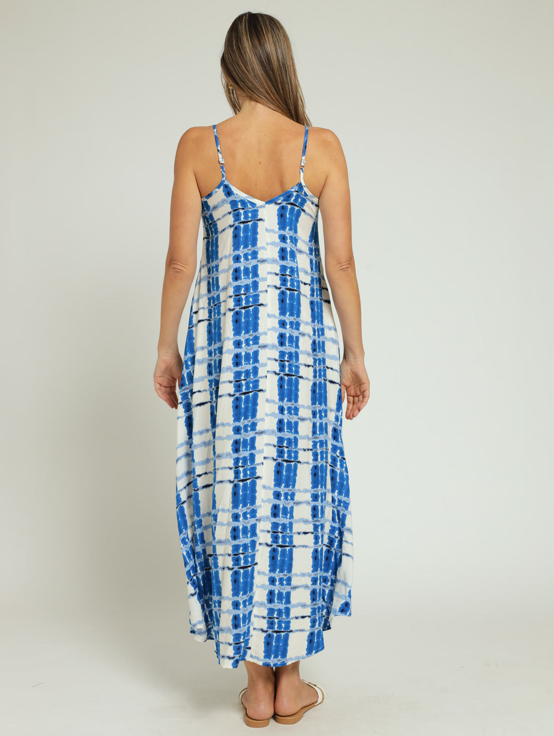 Strappy Slip Tie-Dye Check Maxi Dress - White/Blue