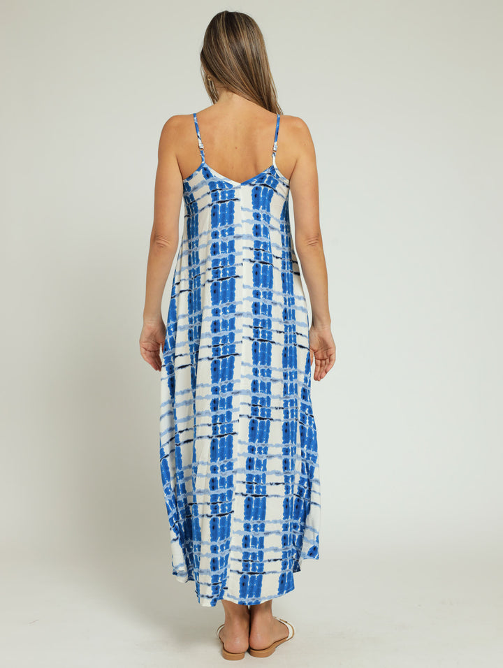 Strappy Slip Tie-Dye Check Maxi Dress - White/Blue