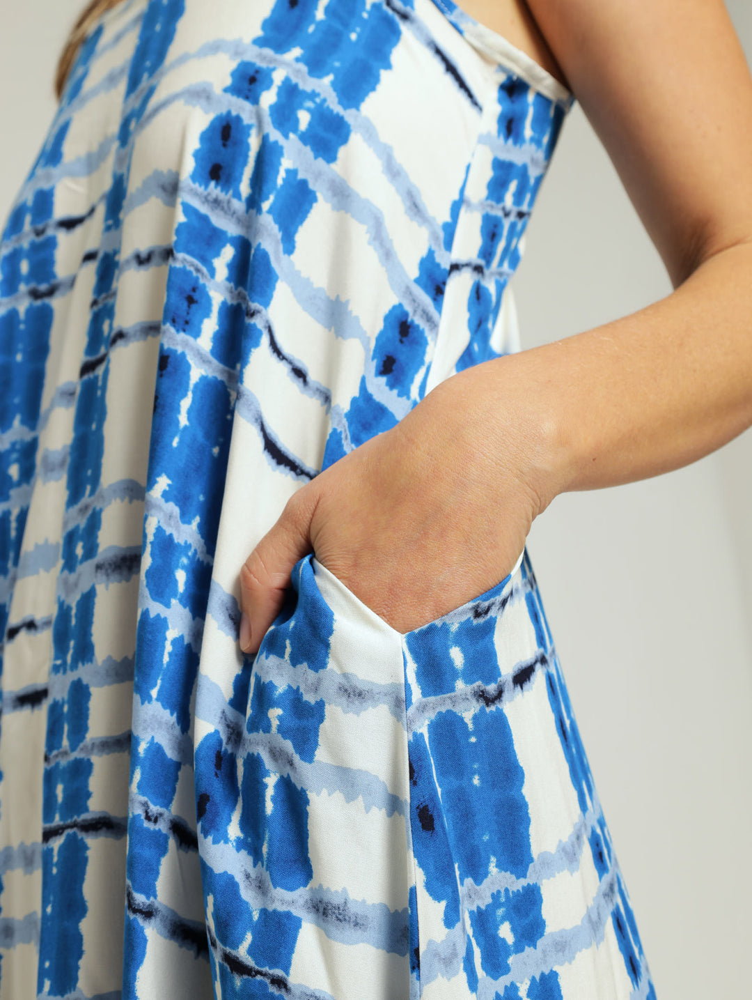 Strappy Slip Tie-Dye Check Maxi Dress - White/Blue