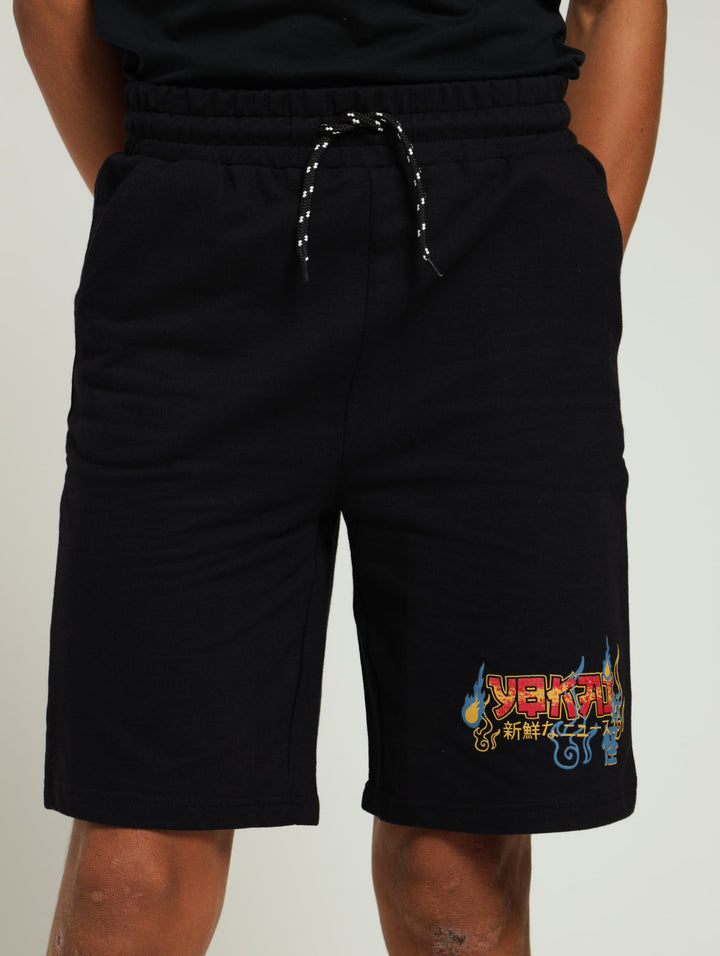 Boys Anime Printed Shorts - Black