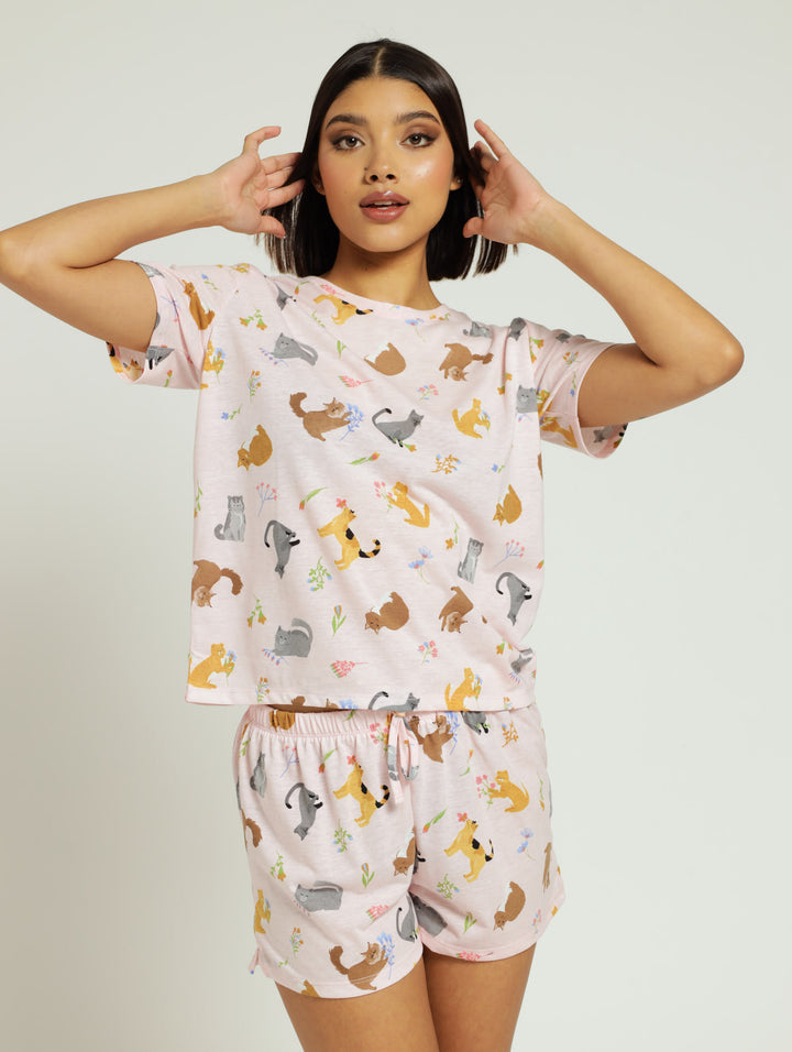 Cats Tee & Short Knit Pj Set - Light Pink