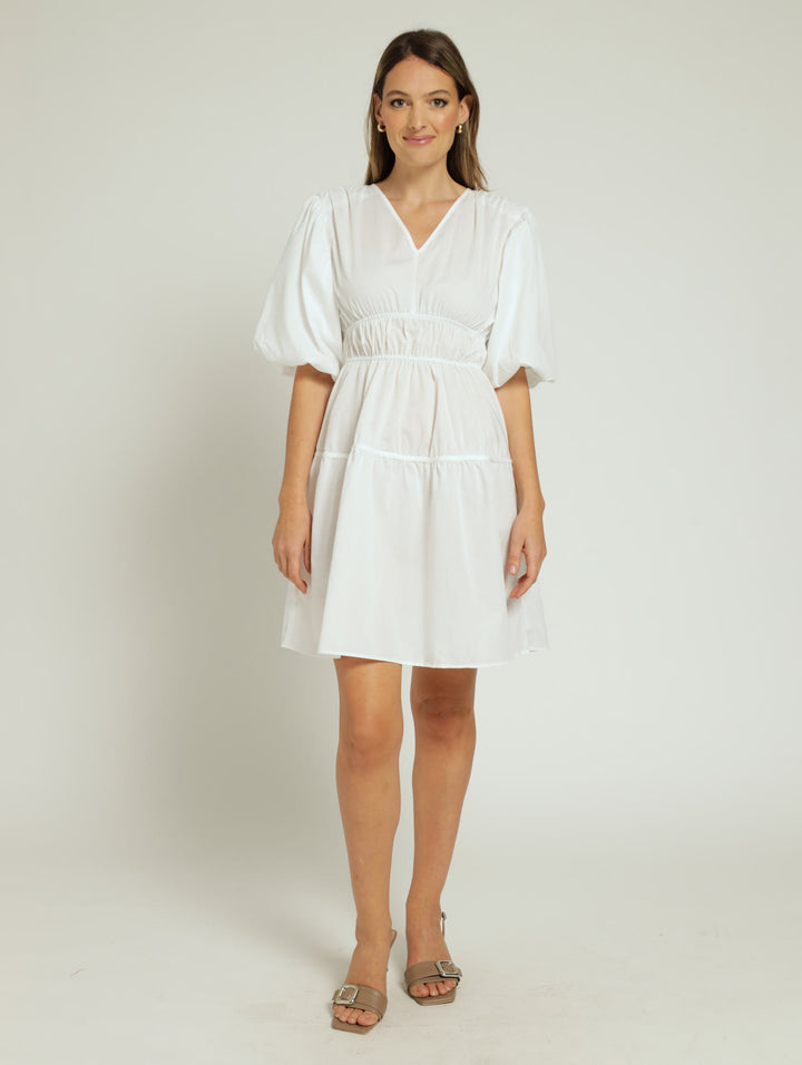 Bubble Sleeve Tiered Mini Dress - White