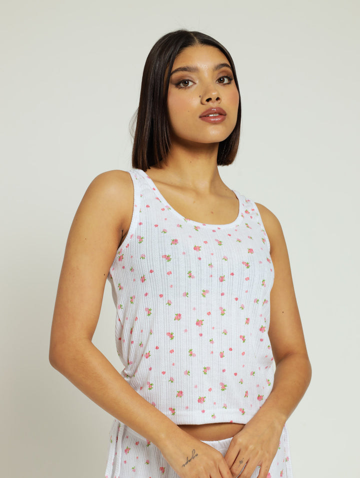 Rib Tank Ditsy Floral Pj Top - White