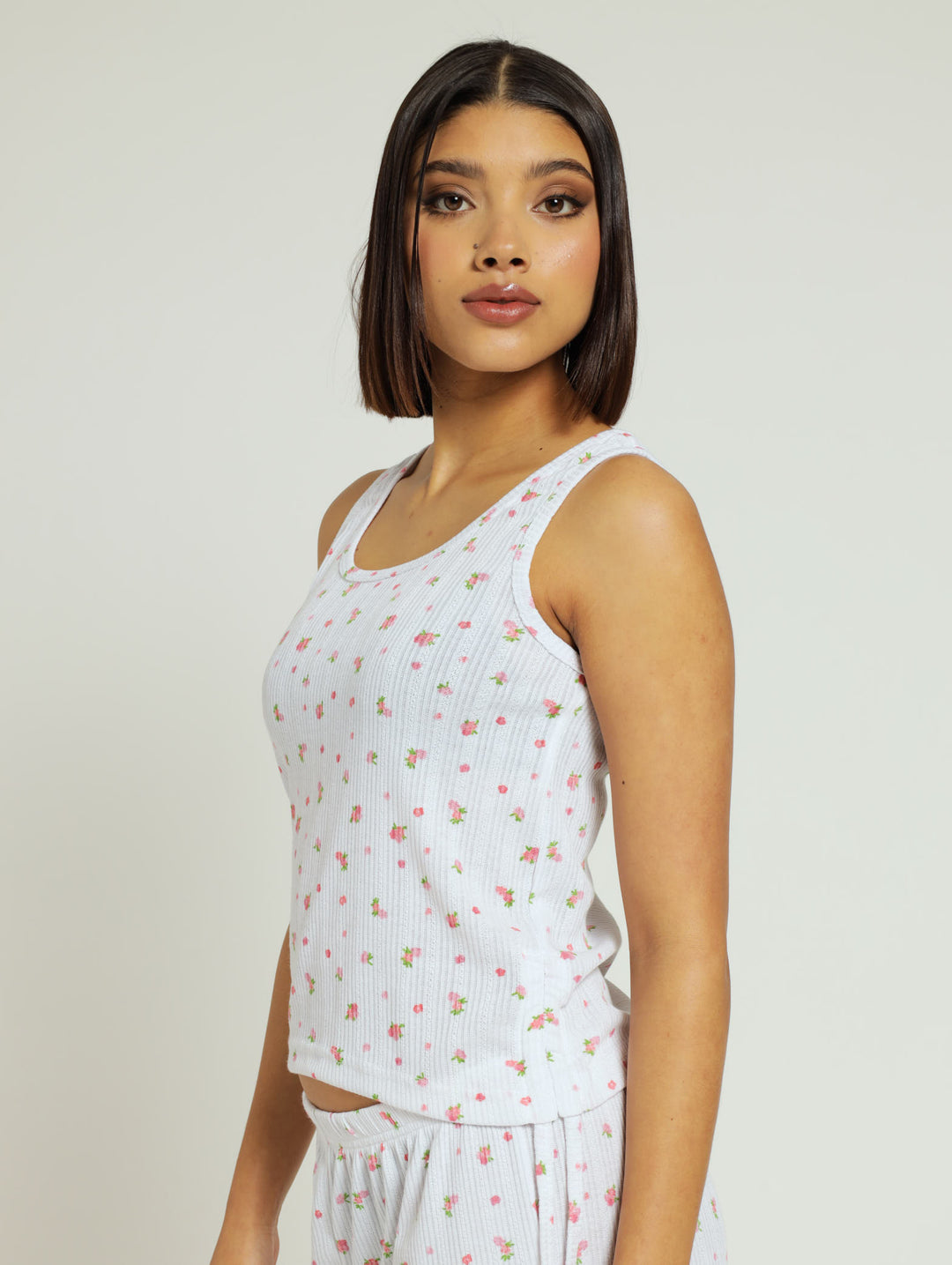 Rib Tank Ditsy Floral Pj Top - White