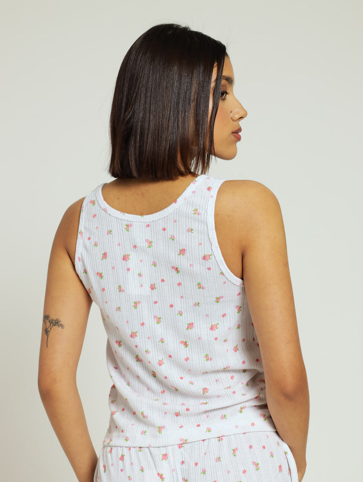 Rib Tank Ditsy Floral Pj Top - White