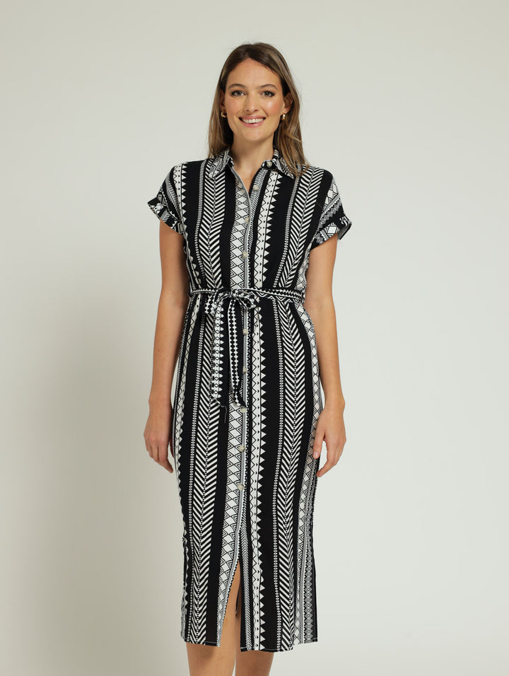 Belted Midaxi Shirt Dress - White/Black