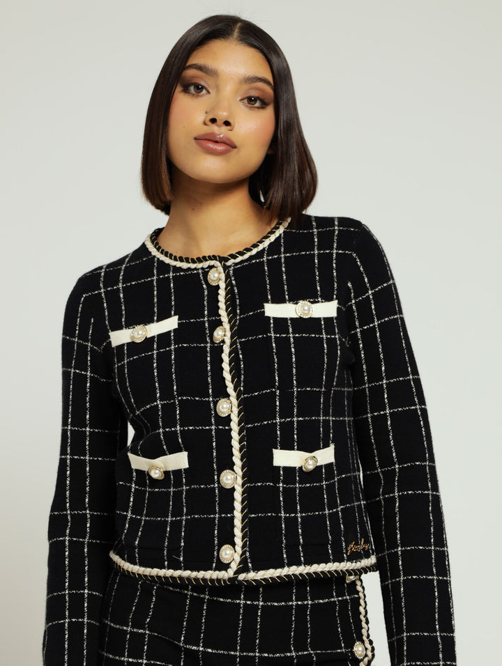 Plaid Knit Jacket With Braided Edge - Black