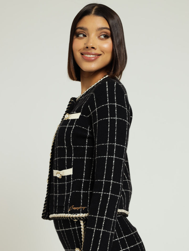 Plaid Knit Jacket With Braided Edge - Black