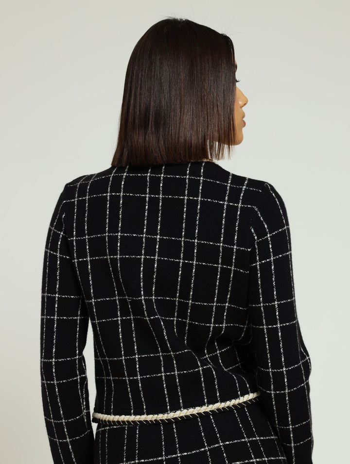 Plaid Knit Jacket With Braided Edge - Black